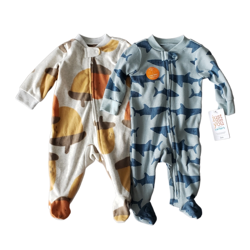 NWT Carter's 3m Acorn Fleece Zip Up Footie & Shark Zip Up Footie Pjs Bundle